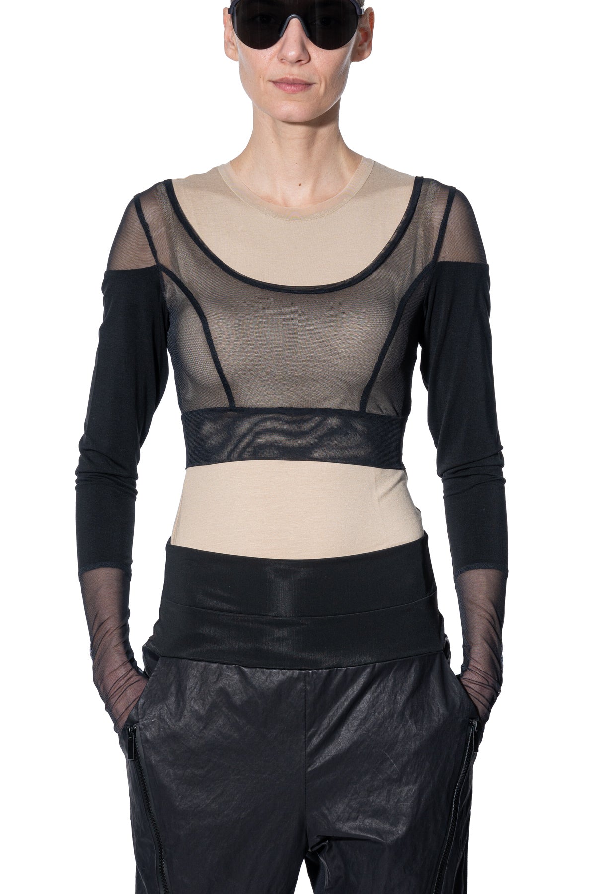 Long-sleeve mesh crop top